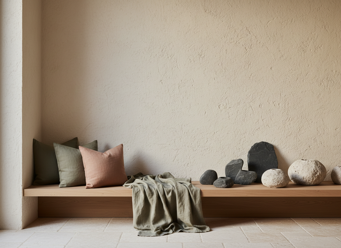 Warm architectural interior detail with natural stone, tactile plaster, folded linen, wood grain, and gentle daylight.