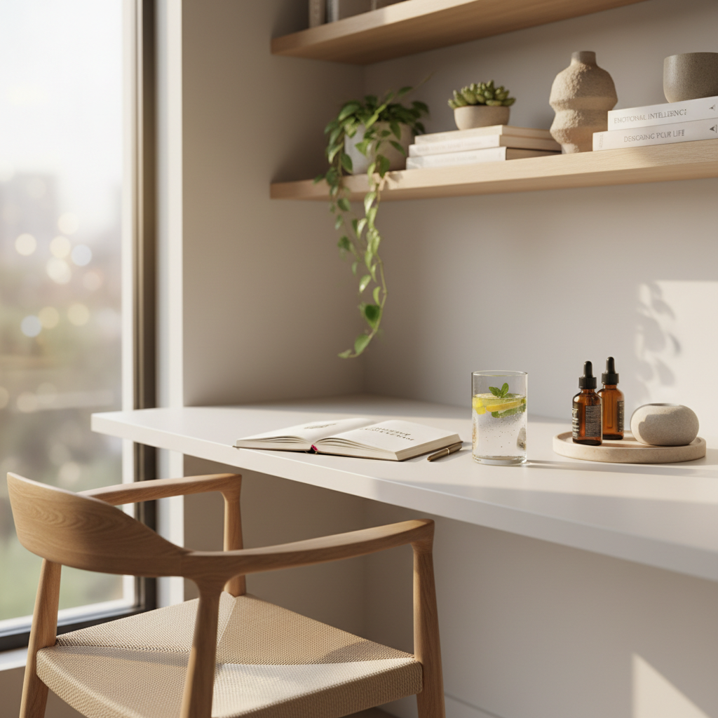 A curated wellbeing corner in a modern home office, featuring a matte white writing desk with a single open planner, a glass of infused water with citrus slices, and a small tray of essential oils. A sculptural wooden chair with a natural hemp cushion sits slightly pulled back, implying recent use. Behind, minimalist shelves hold a mix of psychology and design books, ceramic vessels, and trailing greenery. Soft afternoon light filters through a nearby window, creating gentle highlights on the desk surface and subtle bokeh in the background. Photographic realism, captured from a three-quarter angle with a shallow depth of field, evoking focus, balance, and science-backed lifestyle design in a warm, sophisticated environment.