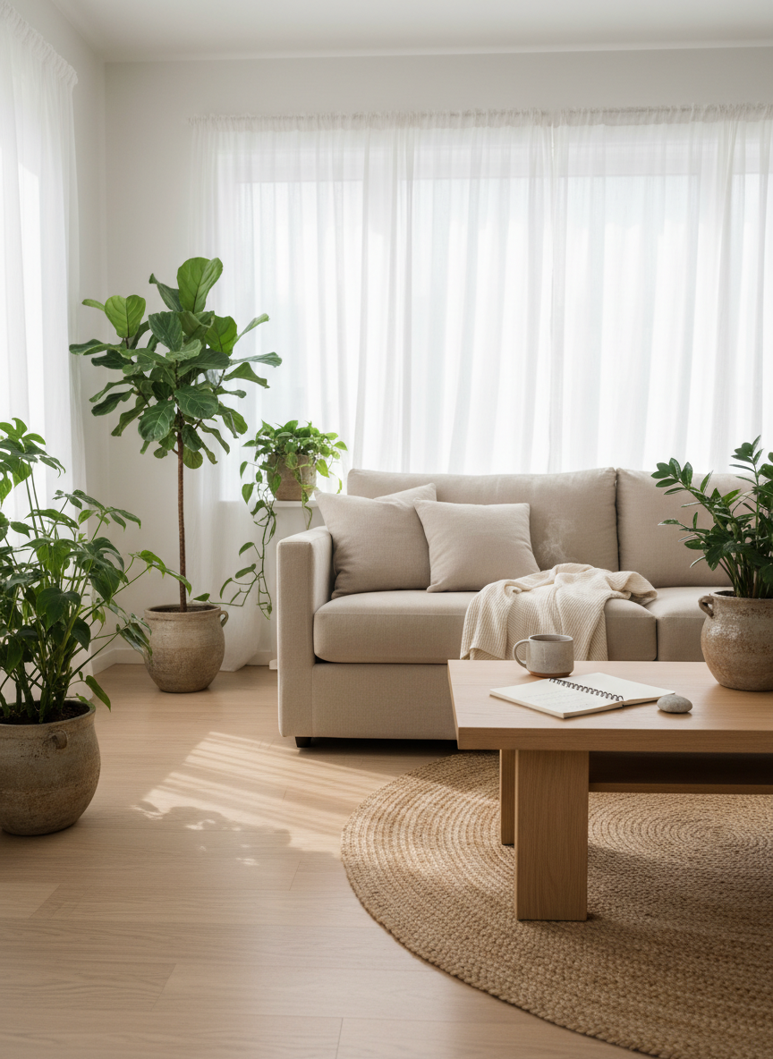 A calm, light-filled living room that embodies a holistic lifestyle, with a low-profile linen sofa in a soft sand tone, a pale oak coffee table holding an open notebook and herbal tea, and lush green plants placed thoughtfully in ceramic pots. Full-height windows with sheer white curtains let in gentle morning sunlight that washes across smooth wooden floors, casting soft, elongated shadows. A woven jute rug and a neatly folded cotton throw add texture and warmth. Photographic realism, shot at eye level with a slight wide-angle lens and balanced composition, creating a serene, sophisticated, and welcoming atmosphere that suggests health, habits, home, and overall wellbeing without feeling clinical.